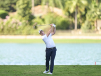 Julien Guerrier of France plays his second shot on the 14th hole on day one of the Estrella Damm N.A. Andalucia Masters 2024 at Real Club de...