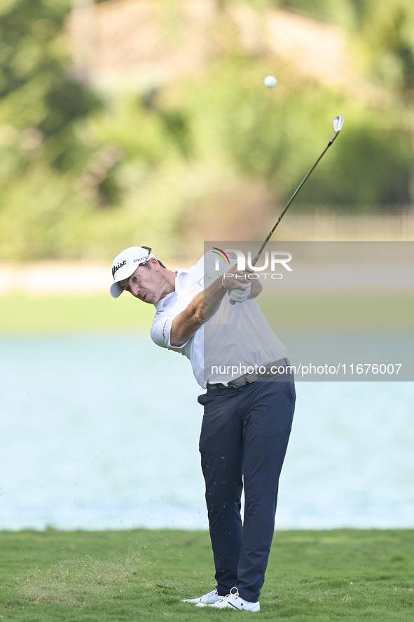 Julien Guerrier of France plays his second shot on the 14th hole on day one of the Estrella Damm N.A. Andalucia Masters 2024 at Real Club de...