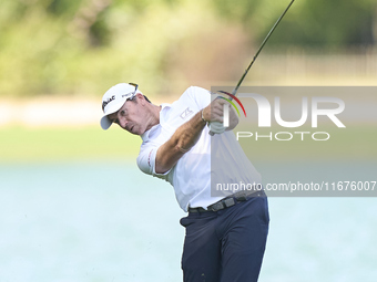 Julien Guerrier of France plays his second shot on the 14th hole on day one of the Estrella Damm N.A. Andalucia Masters 2024 at Real Club de...