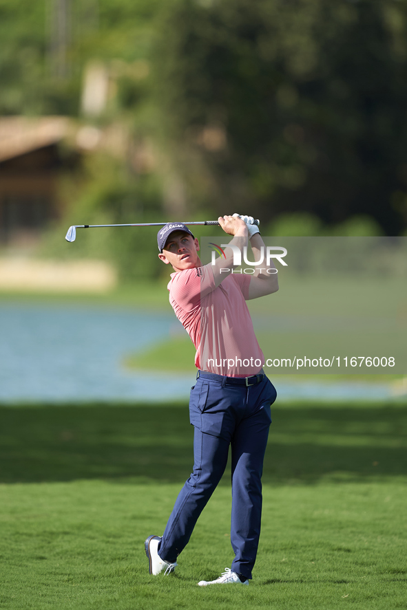 Grant Forrest of Scotland plays his second shot on the 14th hole on day one of the Estrella Damm N.A. Andalucia Masters 2024 at Real Club de...