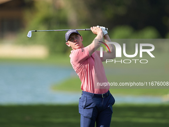 Grant Forrest of Scotland plays his second shot on the 14th hole on day one of the Estrella Damm N.A. Andalucia Masters 2024 at Real Club de...