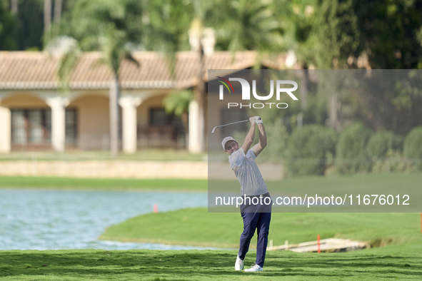 Edoardo Molinari of Italy plays his second shot on the 14th hole on day one of the Estrella Damm N.A. Andalucia Masters 2024 at Real Club de...