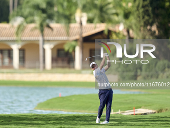 Edoardo Molinari of Italy plays his second shot on the 14th hole on day one of the Estrella Damm N.A. Andalucia Masters 2024 at Real Club de...