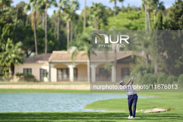 Edoardo Molinari of Italy plays his second shot on the 14th hole on day one of the Estrella Damm N.A. Andalucia Masters 2024 at Real Club de...