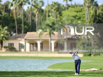 Edoardo Molinari of Italy plays his second shot on the 14th hole on day one of the Estrella Damm N.A. Andalucia Masters 2024 at Real Club de...