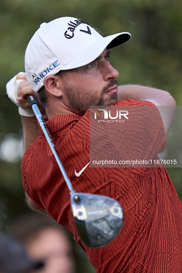 Frederic Lacroix of France tees off on the 15th hole on day one of the Estrella Damm N.A. Andalucia Masters 2024 at Real Club de Golf Sotogr...