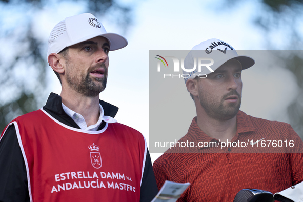 Frederic Lacroix of France studies his shot with his caddie on the 15th hole on day one of the Estrella Damm N.A. Andalucia Masters 2024 at...