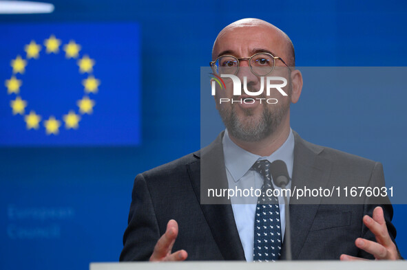 European Council President Charles Michel addresses a press conference after the EU summit in Brussels, Belgium, on October 17, 2024. The Eu...