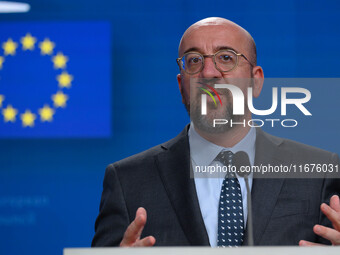 European Council President Charles Michel addresses a press conference after the EU summit in Brussels, Belgium, on October 17, 2024. The Eu...