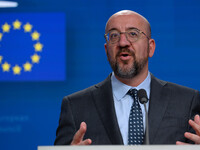 European Council President Charles Michel addresses a press conference after the EU summit in Brussels, Belgium, on October 17, 2024. The Eu...