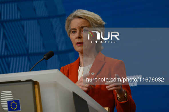 European Commission President Ursula von der Leyen addresses a press conference after the EU summit in Brussels, Belgium, on October 17, 202...