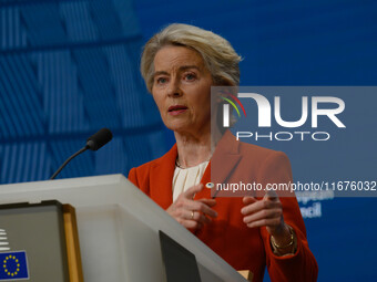 European Commission President Ursula von der Leyen addresses a press conference after the EU summit in Brussels, Belgium, on October 17, 202...