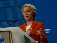 European Commission President Ursula von der Leyen addresses a press conference after the EU summit in Brussels, Belgium, on October 17, 202...