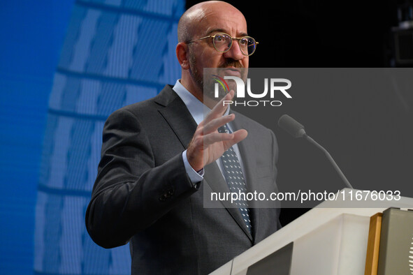 European Council President Charles Michel addresses a press conference after the EU summit in Brussels, Belgium, on October 17, 2024. The Eu...