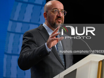 European Council President Charles Michel addresses a press conference after the EU summit in Brussels, Belgium, on October 17, 2024. The Eu...