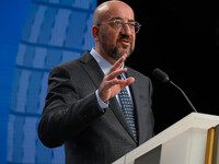 European Council President Charles Michel addresses a press conference after the EU summit in Brussels, Belgium, on October 17, 2024. The Eu...