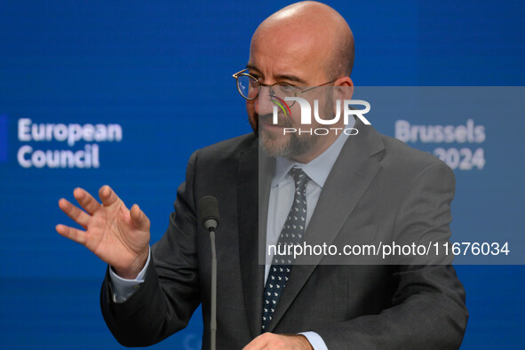 European Council President Charles Michel addresses a press conference after the EU summit in Brussels, Belgium, on October 17, 2024. The Eu...