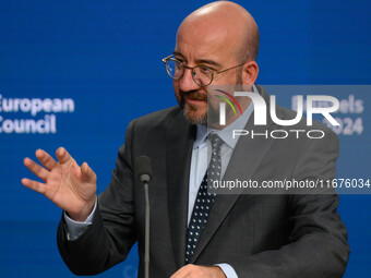 European Council President Charles Michel addresses a press conference after the EU summit in Brussels, Belgium, on October 17, 2024. The Eu...