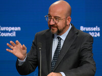 European Council President Charles Michel addresses a press conference after the EU summit in Brussels, Belgium, on October 17, 2024. The Eu...