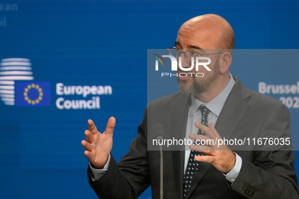 European Council President Charles Michel addresses a press conference after the EU summit in Brussels, Belgium, on October 17, 2024. The Eu...