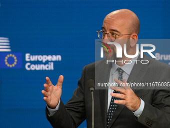 European Council President Charles Michel addresses a press conference after the EU summit in Brussels, Belgium, on October 17, 2024. The Eu...