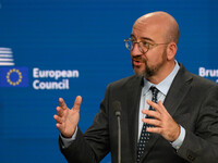 European Council President Charles Michel addresses a press conference after the EU summit in Brussels, Belgium, on October 17, 2024. The Eu...