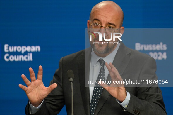 European Council President Charles Michel addresses a press conference after the EU summit in Brussels, Belgium, on October 17, 2024. The Eu...