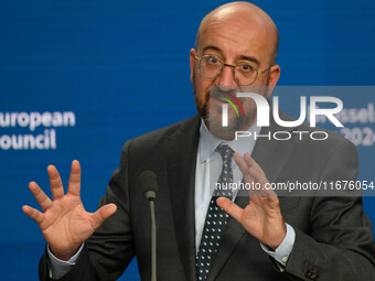 European Council President Charles Michel addresses a press conference after the EU summit in Brussels, Belgium, on October 17, 2024. The Eu...