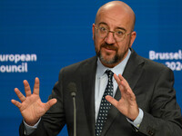 European Council President Charles Michel addresses a press conference after the EU summit in Brussels, Belgium, on October 17, 2024. The Eu...