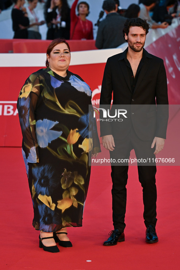 Claudia Marsicano and Leo Ferrari attend the ''U.S. Palmese'' red carpet during the 19th Rome Film Festival at Auditorium Parco Della Musica...