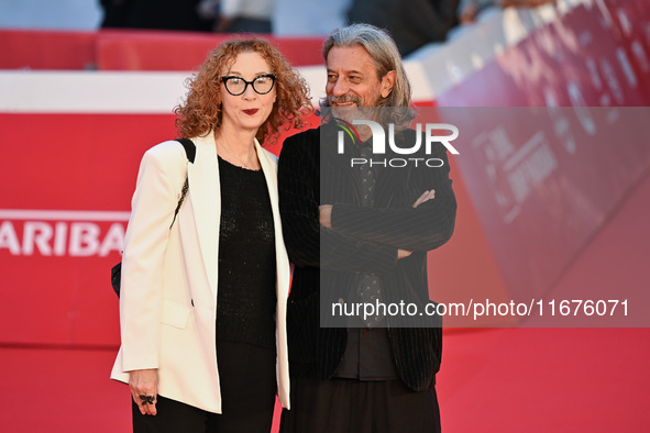 Carmen Giardina and Roberto Pischiutta attend the ''U.S. Palmese'' red carpet during the 19th Rome Film Festival at Auditorium Parco Della M...