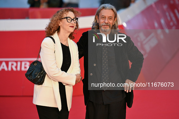 Carmen Giardina and Roberto Pischiutta attend the ''U.S. Palmese'' red carpet during the 19th Rome Film Festival at Auditorium Parco Della M...