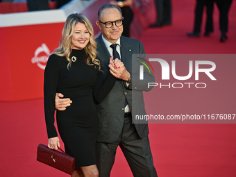 Angela Melillo and Cesare San Mauro attend the ''U.S. Palmese'' red carpet during the 19th Rome Film Festival at Auditorium Parco Della Musi...