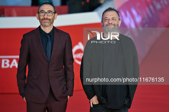 Antonio Manetti and Marco Manetti attend the ''U.S. Palmese'' red carpet during the 19th Rome Film Festival at Auditorium Parco Della Musica...