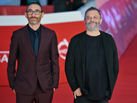 Antonio Manetti and Marco Manetti attend the ''U.S. Palmese'' red carpet during the 19th Rome Film Festival at Auditorium Parco Della Musica...