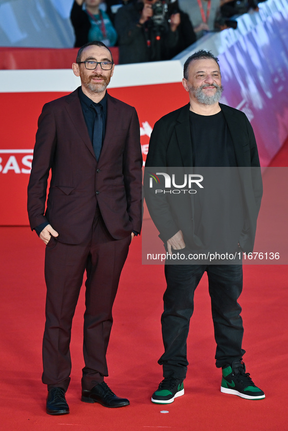 Antonio Manetti and Marco Manetti attend the ''U.S. Palmese'' red carpet during the 19th Rome Film Festival at Auditorium Parco Della Musica...