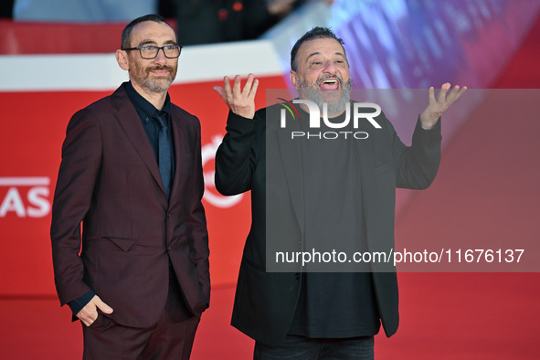 Antonio Manetti and Marco Manetti attend the ''U.S. Palmese'' red carpet during the 19th Rome Film Festival at Auditorium Parco Della Musica...