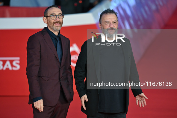 Antonio Manetti and Marco Manetti attend the ''U.S. Palmese'' red carpet during the 19th Rome Film Festival at Auditorium Parco Della Musica...