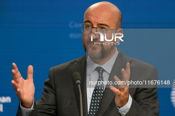 European Council President Charles Michel addresses a press conference after the EU summit in Brussels, Belgium, on October 17, 2024. The Eu...