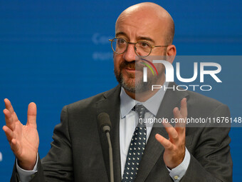 European Council President Charles Michel addresses a press conference after the EU summit in Brussels, Belgium, on October 17, 2024. The Eu...