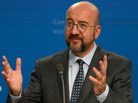 European Council President Charles Michel addresses a press conference after the EU summit in Brussels, Belgium, on October 17, 2024. The Eu...