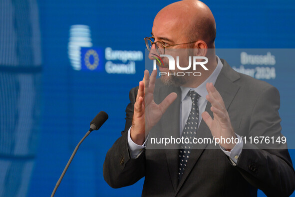 European Council President Charles Michel addresses a press conference after the EU summit in Brussels, Belgium, on October 17, 2024. The Eu...