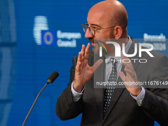 European Council President Charles Michel addresses a press conference after the EU summit in Brussels, Belgium, on October 17, 2024. The Eu...