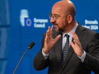 European Council President Charles Michel addresses a press conference after the EU summit in Brussels, Belgium, on October 17, 2024. The Eu...