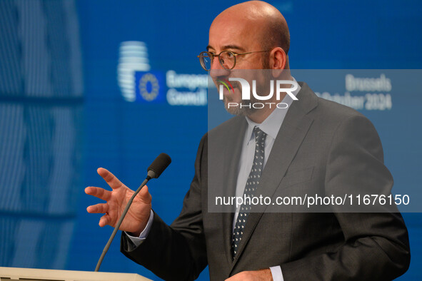 European Council President Charles Michel addresses a press conference after the EU summit in Brussels, Belgium, on October 17, 2024. The Eu...