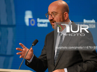 European Council President Charles Michel addresses a press conference after the EU summit in Brussels, Belgium, on October 17, 2024. The Eu...