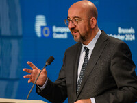 European Council President Charles Michel addresses a press conference after the EU summit in Brussels, Belgium, on October 17, 2024. The Eu...