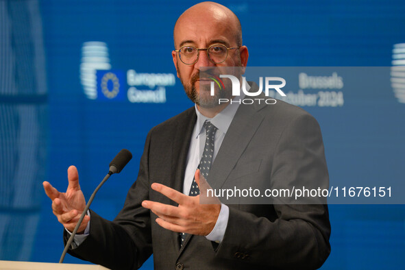 European Council President Charles Michel addresses a press conference after the EU summit in Brussels, Belgium, on October 17, 2024. The Eu...