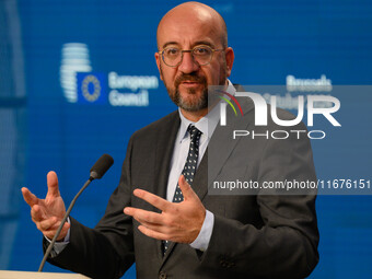 European Council President Charles Michel addresses a press conference after the EU summit in Brussels, Belgium, on October 17, 2024. The Eu...