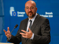 European Council President Charles Michel addresses a press conference after the EU summit in Brussels, Belgium, on October 17, 2024. The Eu...